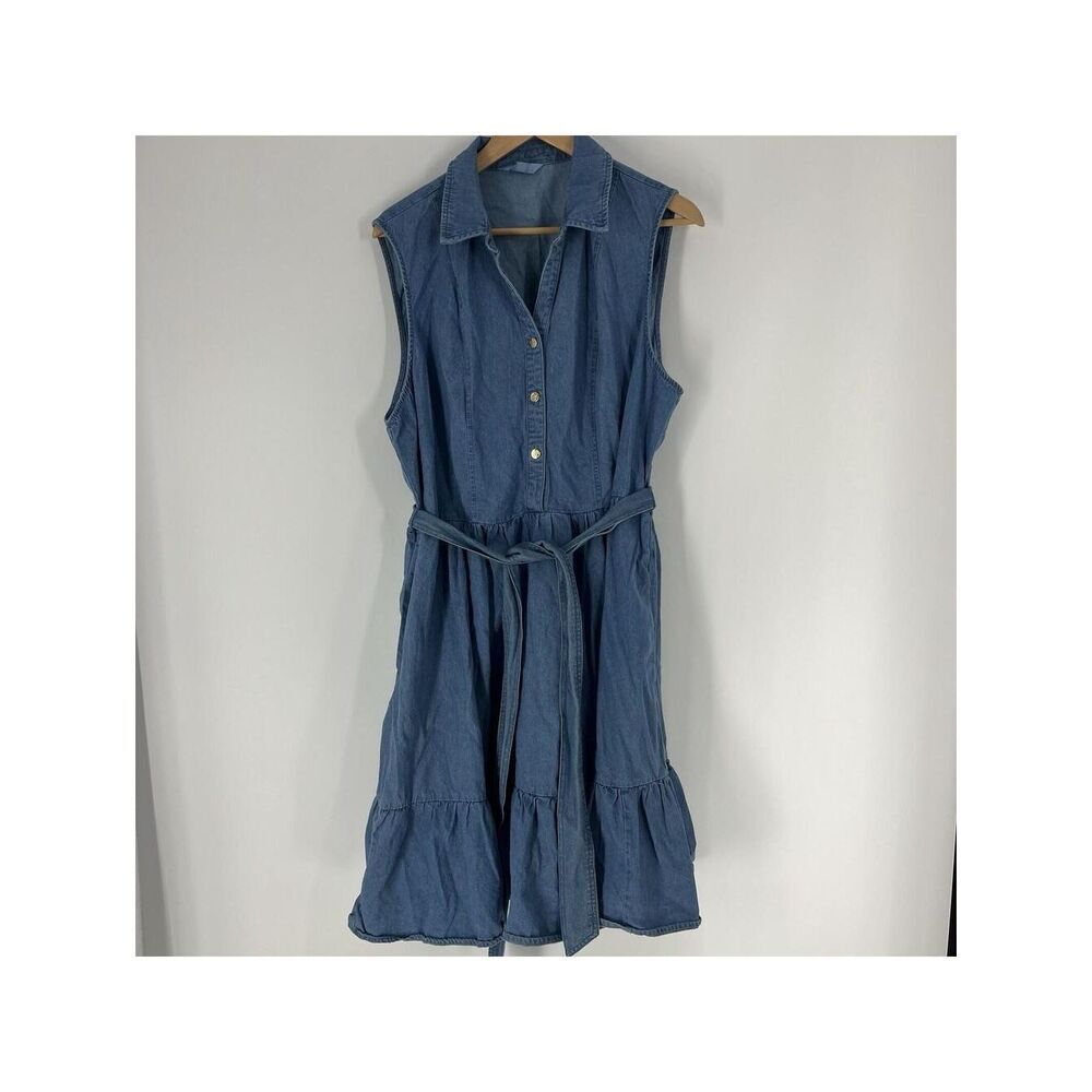Draper James RSVP Dress Size XXL Chambray Ruffle Denim Belted Cottagecore Preppy